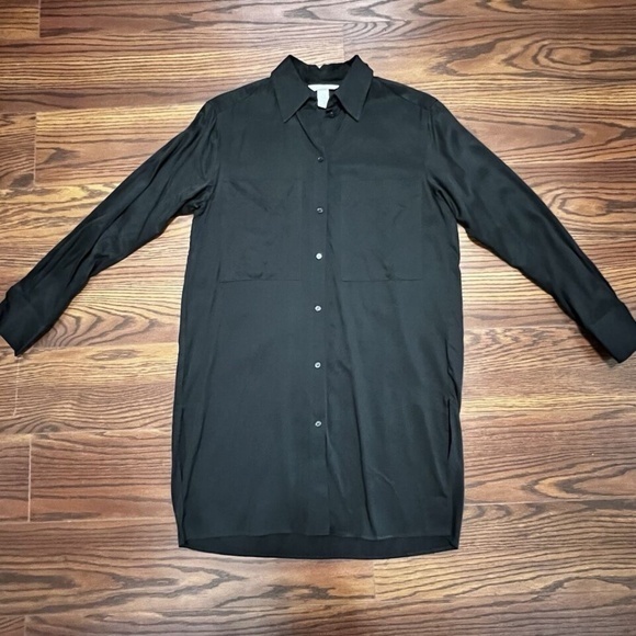 Black Satin Shirt‎ Dress Long Sleeve Button Up Pockets Oversized XS - Picture 1 of 10